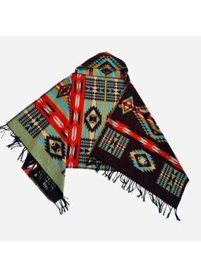 HOODED PONCHO ~ Colorful Geometric Patterned Western Button Up Poncho